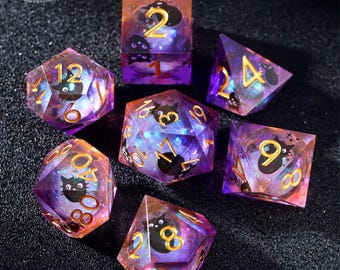 Dados de resina de gato com núcleo líquido - Conjunto de dados de RPG, presentes de DM, dados de gato preto, presentes nerds, dados poliédricos artesanais, Dungeons and Dragons