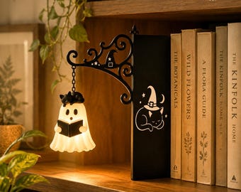 Halloween Bookshelf Lamp - Reading Nook Decor, Spooky Bookshelf, Cozy Library, Ghost Bookshelf Lamp, Book Lover Gifts