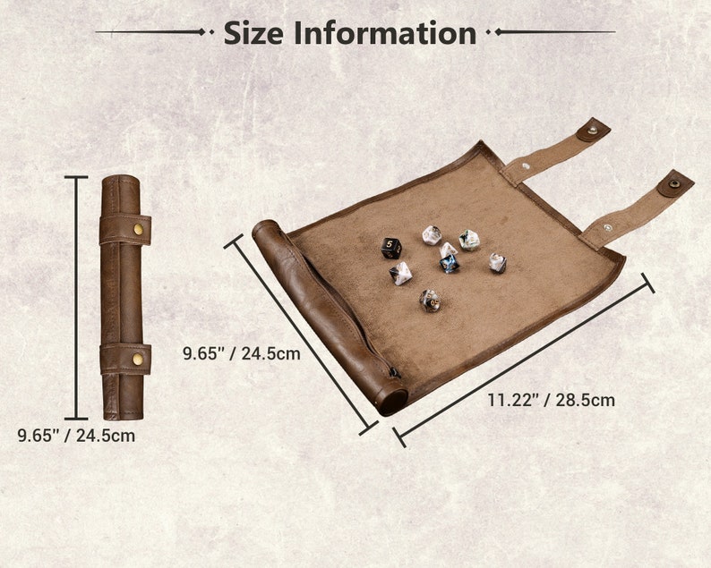 May include: Brown leather dice rolling tray with a zipper closure and two straps. The tray measures 11.22 inches by 28.5 centimeters and is rolled up to 9.65 inches by 24.5 centimeters.
