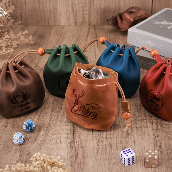 Custom Leather Dice Bag - Dungeons & Dragons Dice Bags, Table Top Gaming Board Games, Engraved Leather Dice Storage Bag, Pocket Dice Bag