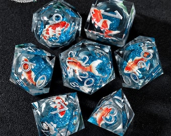Koi Liquid Core Dice Set, Goldfish Resin Dice, Handmade Sharp Edge Resin Dice