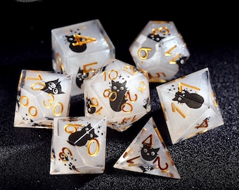 Conjunto de dados mágicos de gato preto - Dados de resina com borda afiada feitos à mão, RPG, Dungeons and Dragons, presentes DND, presente para jogadores
