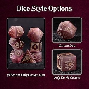 May include: An image showcasing various dice options. The image features a set of seven dice, a custom D20 die, and a D6 die. The dice are a translucent purple with gold markings and text. The text "Dice Style Options" is at the top.