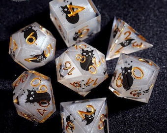 Dés en résine chat noir scintillant - jeu de dés RPG, cadeaux DM, cadeaux ringard, dés polyédriques faits main, donjons et dragons