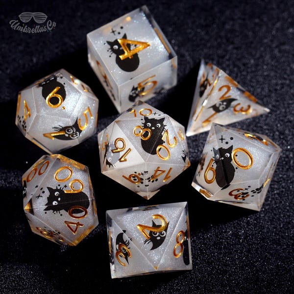 Glittering Black Cat Resin Dice - RPG Dice Set, DM Gifts, Nerdy Gifts, Handmade Polyhedral Dice, Dungeons and Dragons