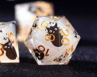 Conjunto de dados mágicos de gato preto - Dados de resina com borda afiada feitos à mão, RPG, Dungeons and Dragons, presentes DND, presentes para jogadores, presentes para DM