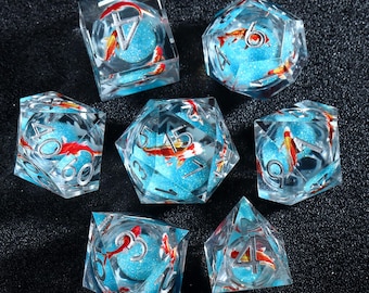 Koi Fantasy Resin Dice Set – Glittering Blue Liquid Core Dice for RPGs