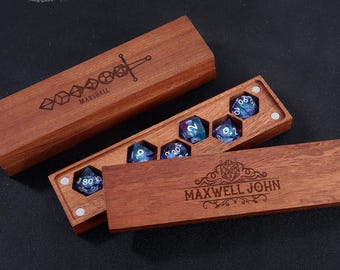 Flüssigkern Würfelset - Dungeons and Dragons Würfelset, Dnd Geschenke, Würfelbox aus Holz, RPG Würfelset, Harz Würfelset