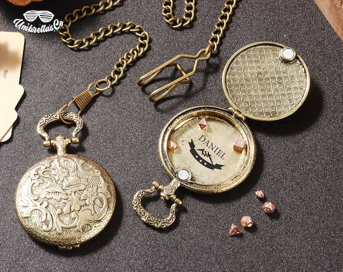 Engraved Mini Dice in a Dragon - Roman Style Pocket watch Shell With Metal Dice With 37cm Chain 5mm Dice, Pocket Watch Case, Dnd Dice