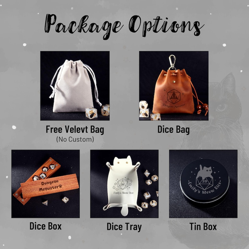 May include: Image showcasing various dice storage options. Includes a free velvet bag, a brown leather dice bag, a wooden dice box, a white cat-shaped dice tray, and a black tin box. Each option is labeled with its name.