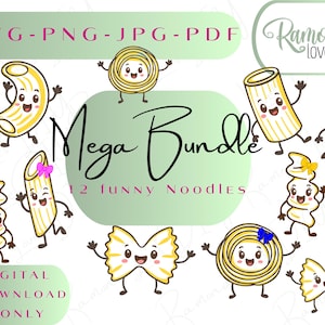 May include: A digital download graphic featuring 12 cartoon noodles with smiling faces and arms. The text "Mega Bundle" and "12 funny Noodles" are included. The image also contains the text "SVG-PNG-JPG-PDF" and "DIGITAL DOWNLOAD ONLY".