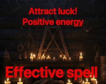 Puede incluir: Un fondo de madera oscura con velas encendidas y el texto "Attract luck! Positive energy Effective spell" en rojo.