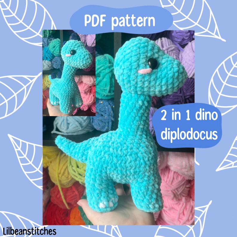 Puede incluir: Patr&oacute;n PDF para tejer un dinosaurio diplodocus de peluche 2 en 1. El juguete es azul y tiene una cara amigable. El patr&oacute;n est&aacute; disponible para descargar.
