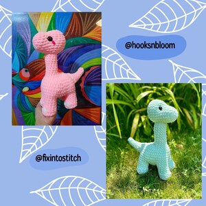 Puede incluir: Dos peluches de dinosaurio de crochet, uno rosa y otro azul claro, con ojos negros. El dinosaurio rosa est&aacute; sobre un fondo colorido, y el dinosaurio azul est&aacute; sobre un fondo verde de hierba. La imagen incluye el texto "@hooksnbloom" y "@fixtintostitch".