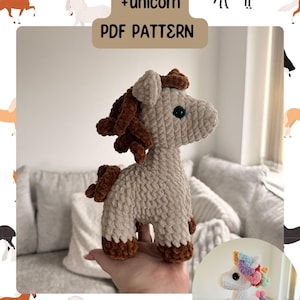 May include: Crochet pattern for a baby horse and unicorn. The pattern includes instructions for making both a brown and white horse, as well as a white unicorn with a rainbow mane. The pattern is available as a PDF download. Baby horse + unicorn PDF pattern.