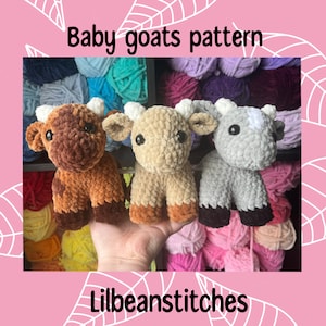 May include: Three crocheted baby goat amigurumi toys in brown, beige, and gray. The goats are sitting on a shelf with yarn balls in various colors behind them. The image includes the text "Baby goats pattern" and "Lilbeanstitches".