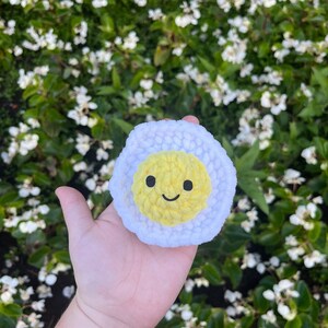 May include: A white crocheted egg with a yellow crocheted yolk and a smiling face.