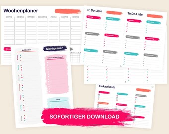Könnte beinhalten: Ein druckbarer Planer-Set mit einem Wochenplan, To-Do-Listen, Menüplanung und einer Einkaufsliste. Die Planerseiten sind weiß mit schwarzem Text und bunten Akzenten.