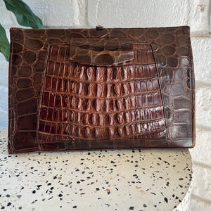 Genuine 1940s Vintage Real Crocodile Scale Leather Handle Clutch Bag