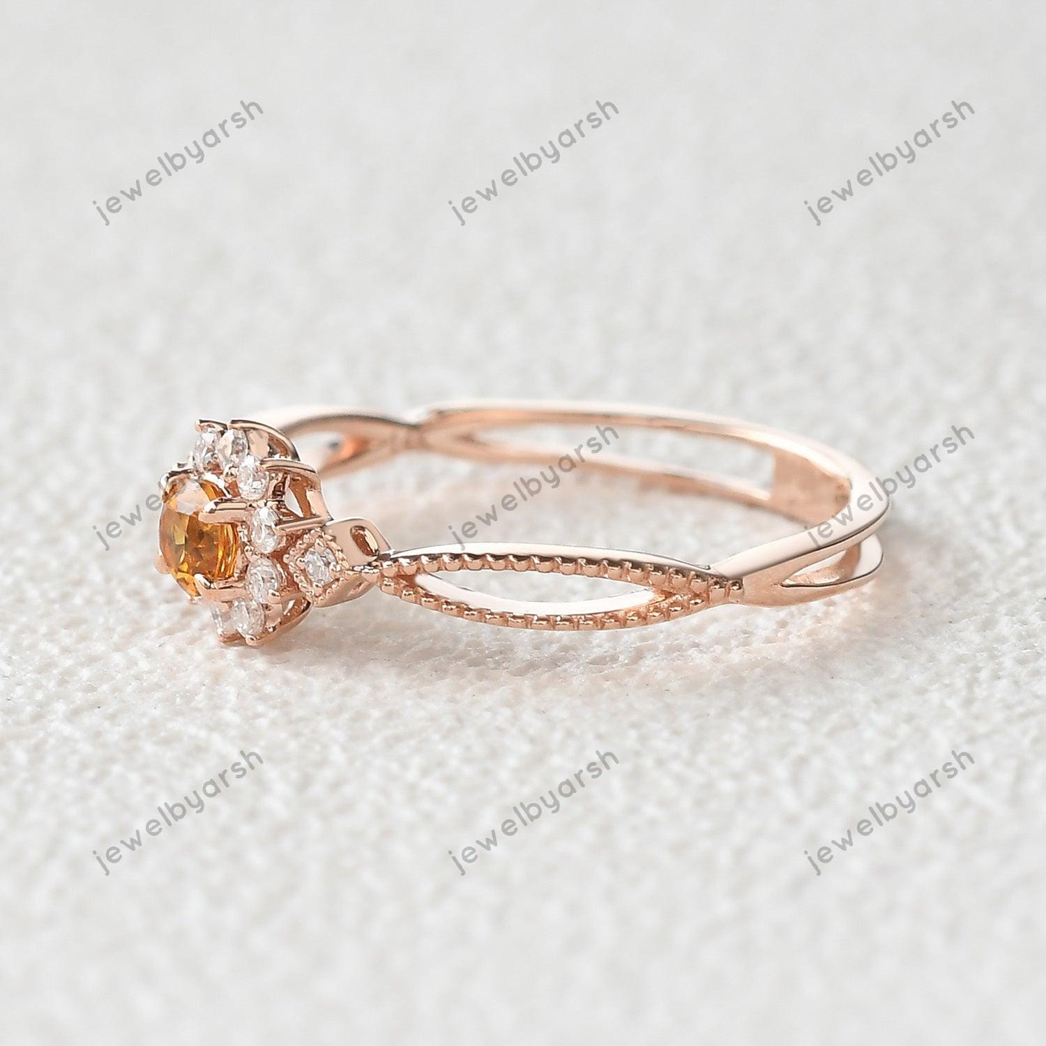 Citrine Halo Ring, Round Yellow Gemstone & CZ Diamond Bridal Ring