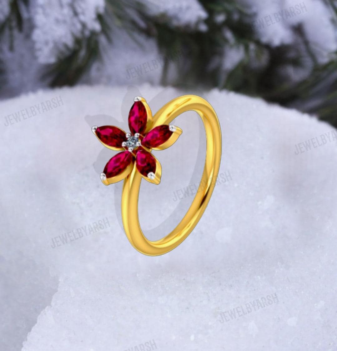 Red Ruby Floral Ring, Marquise Cut Lab Created Ruby & CZ Ring, 925 Sterling Silver With Gold Micron Plating, July Birthstone