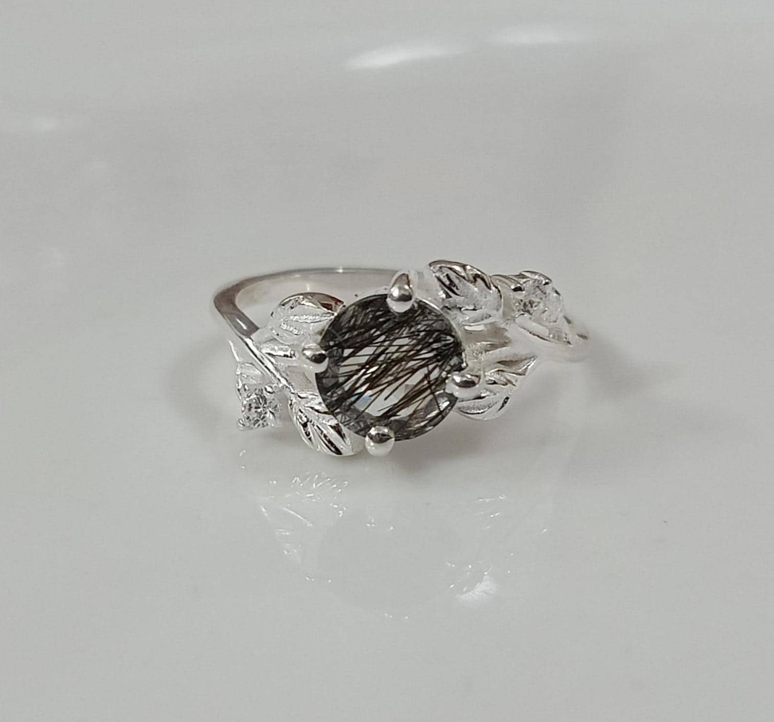 Salt & Pepper Round Cut Engagement Ring: Sterling Silver Leaf Band, Finger Wear