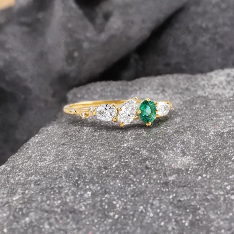 Moissanite & Emerald Ring, Pear Cut Moissanite Ring, Round Emerald Ring, 14K Yellow Gold Plated Ring, Dainty Engagement Ringgement Jewelry For Women