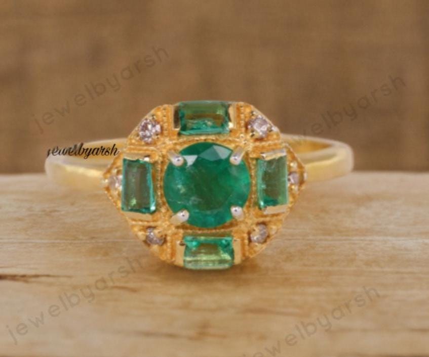Emerald Engagement Ring, Green Emerald Three Stone Ring, 14K Yellow Gold Micron Plated 925 Sterling Silver, May Birthstone