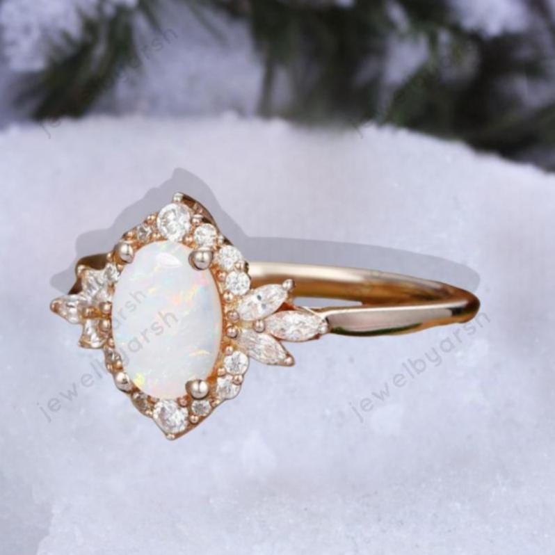 Unique Opal Anniversary Ring , 14K Rose Gold  Engagement Ring, October Birthstone Ring, Diamond Ring, Art Deco Ring, Unique Gift For Her