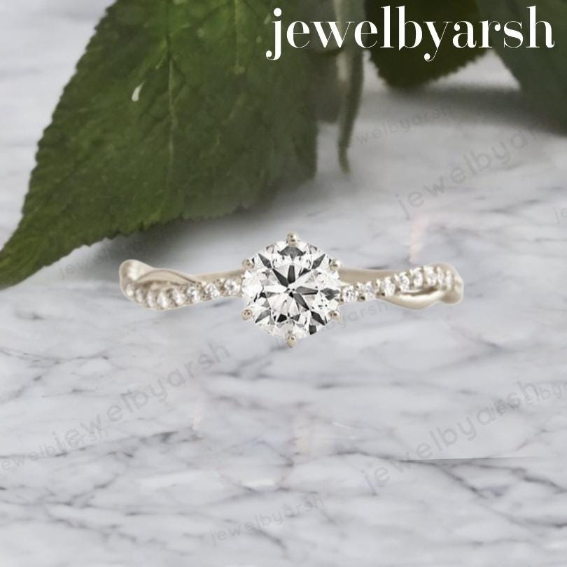 Round Moissanite Or Diamond Twisted Band Ring | Dainty Solitaire Engagement Ring | 14K Gold Or 925 Silver