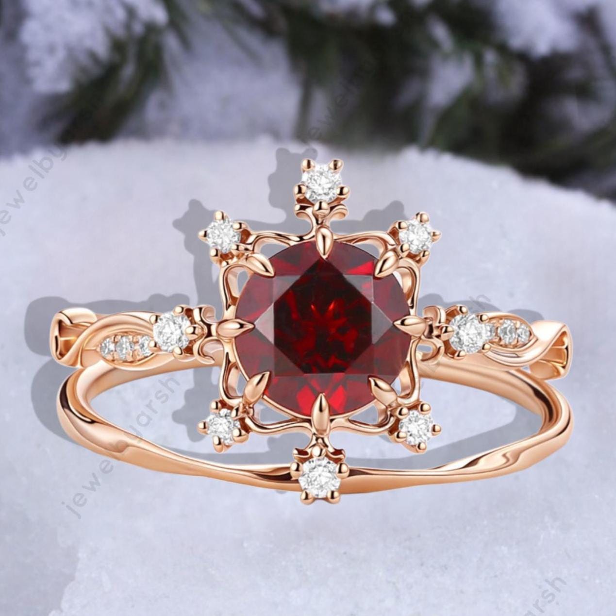 Halo Garnet Engagement Ring: Art Deco Diamond Bridal Ring