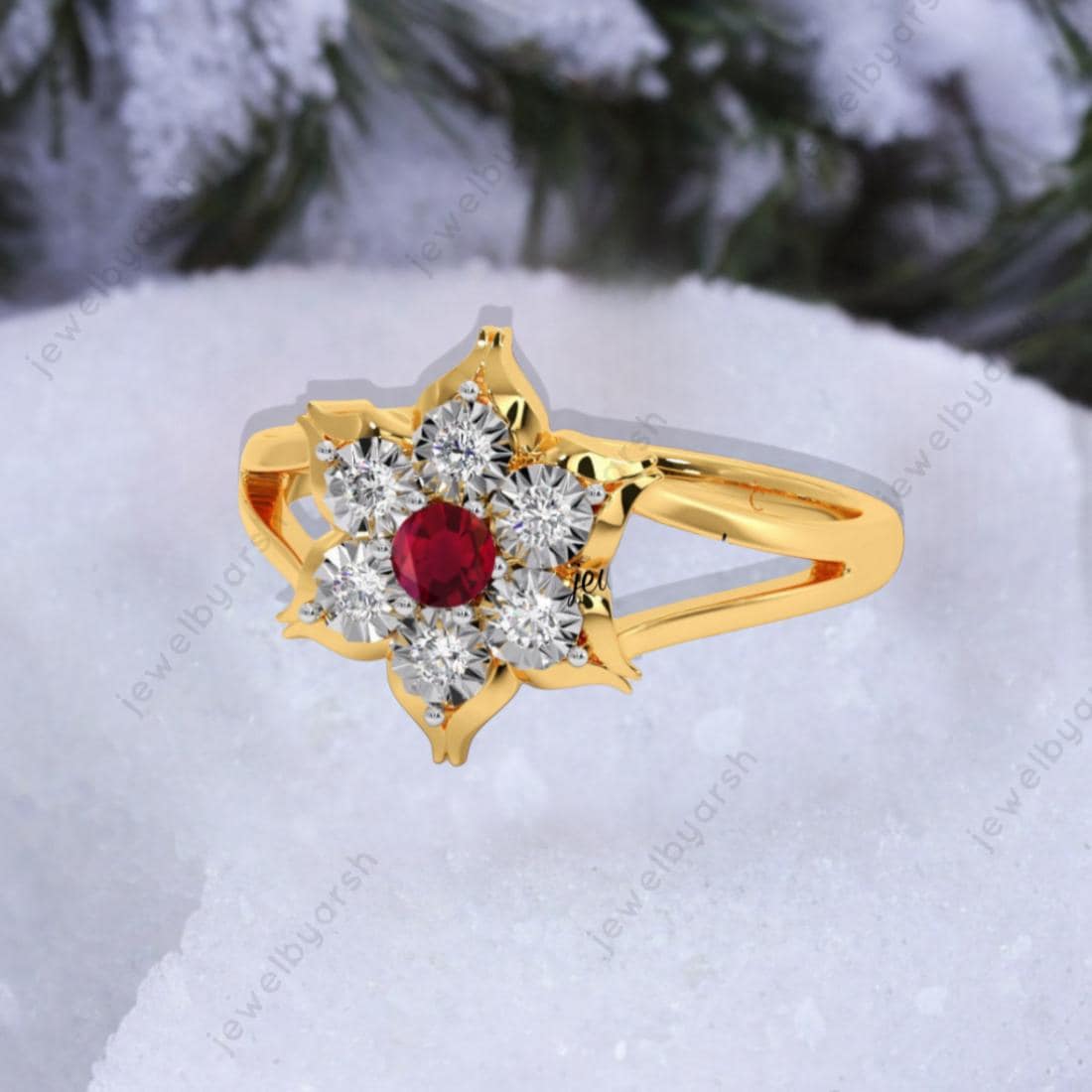 Sunflower Ruby Engagement Ring, Floral Halo Ring, Red Ruby Bridal Jewelry, July Birthstone Ring
