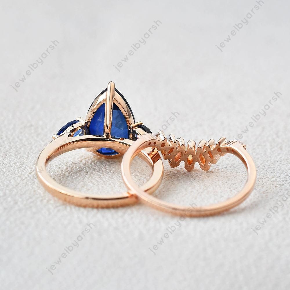 Pear Blue Sapphire Engagement Ring Set, 8x12mm Lab Created Blue Sapphire, Opal & CZ Diamond, 925 Sterling Silver