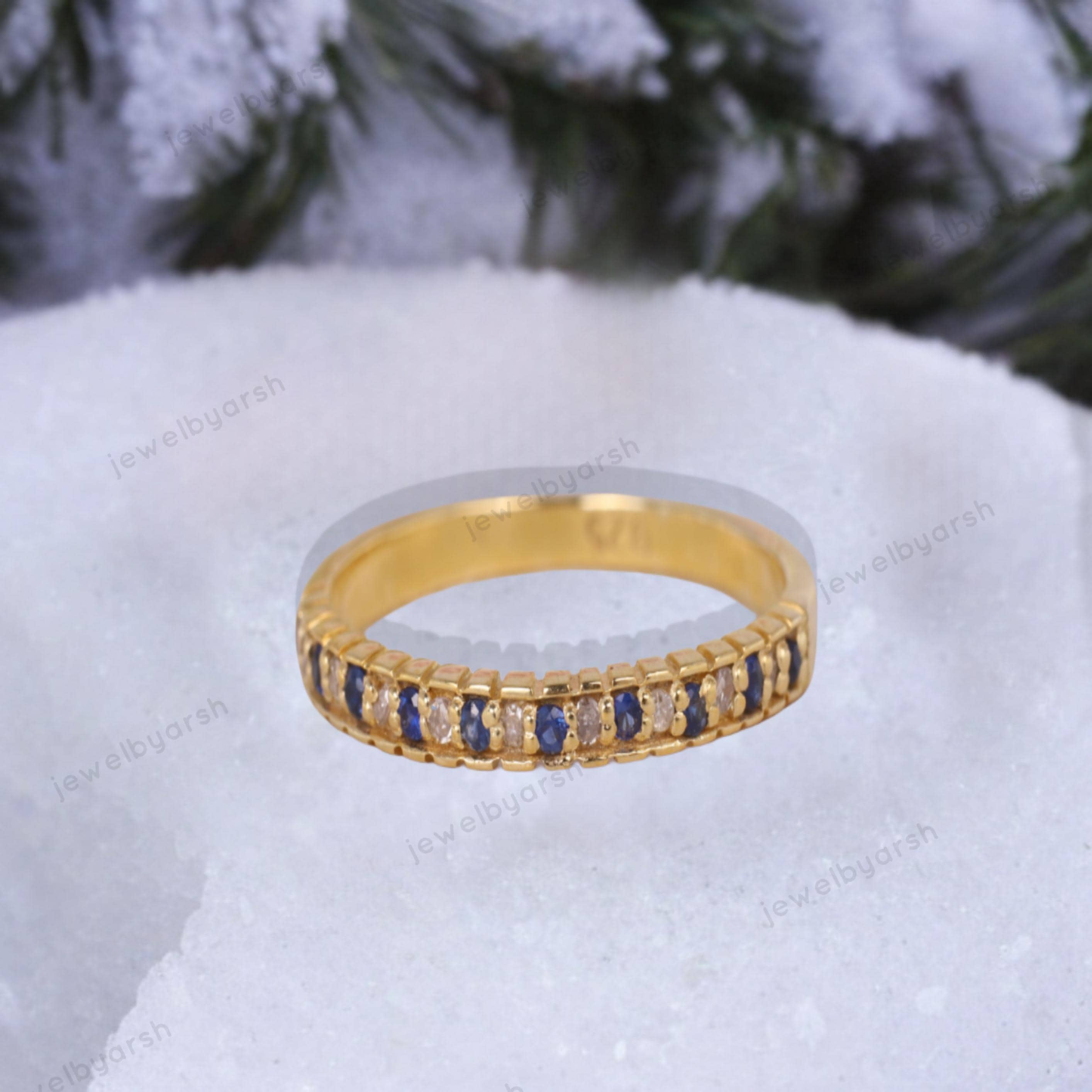 Art Deco Sapphire Half Eternity Ring, Blue Sapphire & CZ Diamond Ring, Round Sapphire Wedding Band, 925 Sterling Silver Ring