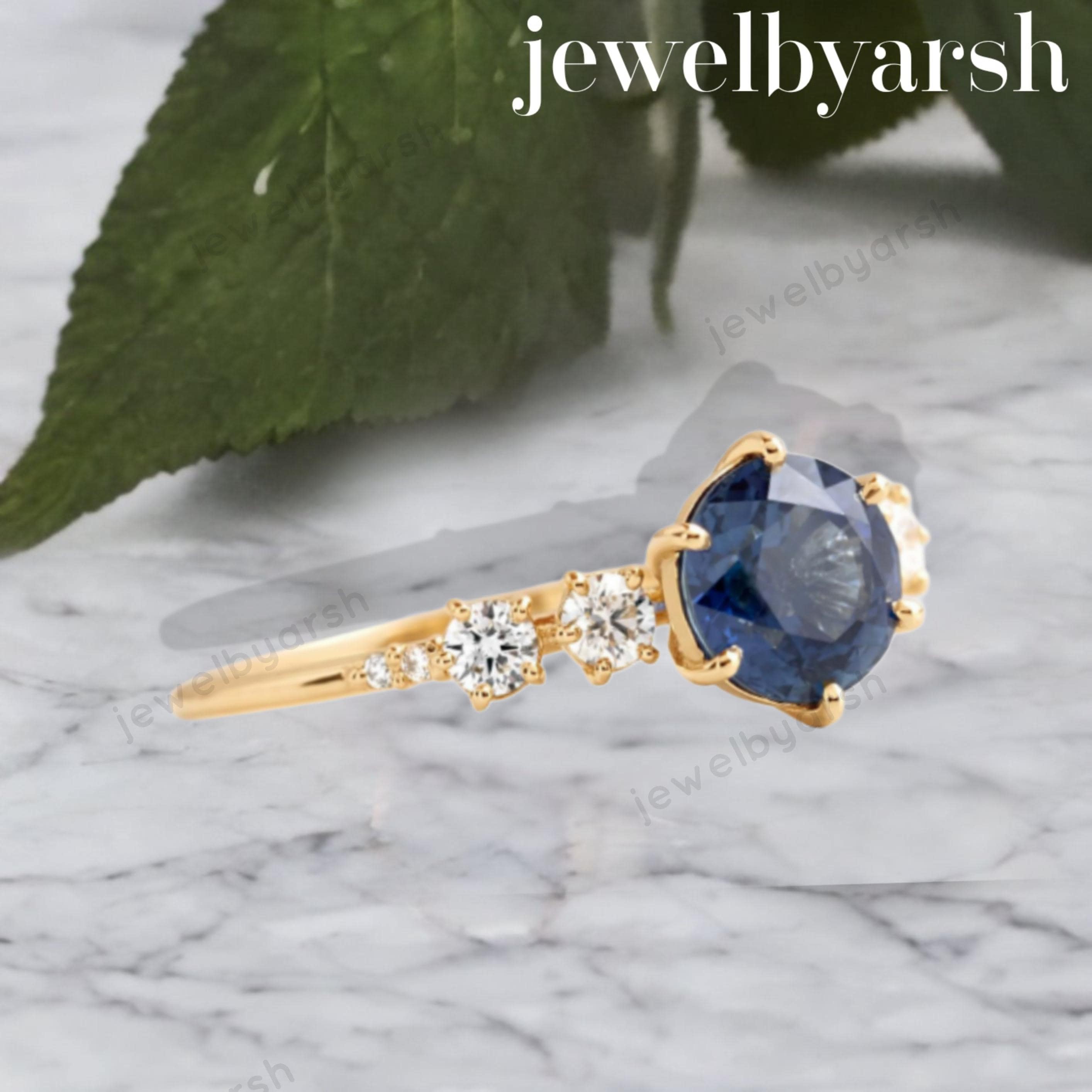 Blue Sapphire Ring, Yellow Gold Engagement Ring, Diamond Accent