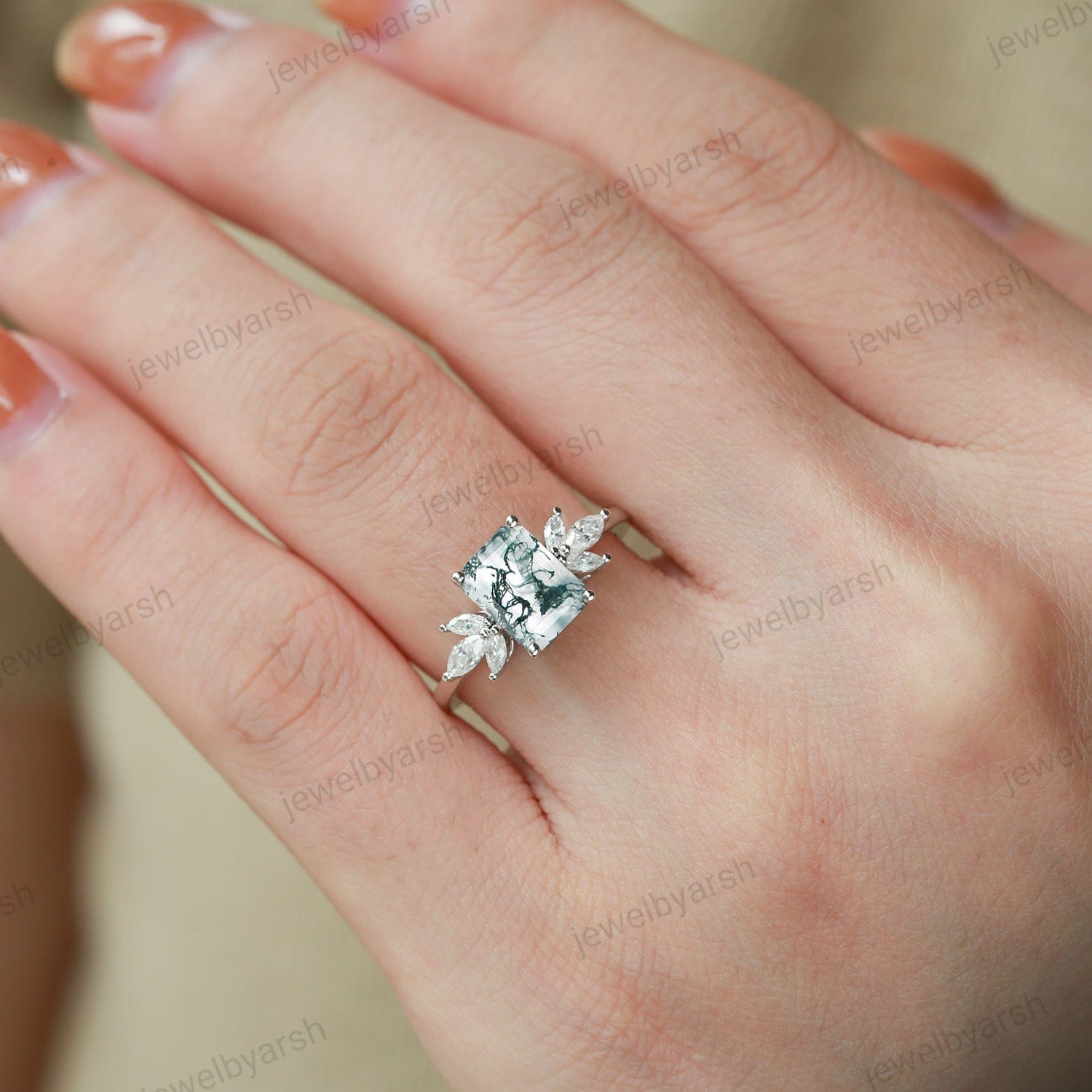 Emerald Cut Moss Agate Engagement Ring, Green Moss Agate Ring, Moissanite Leaf Anniversary Ring, 925 Sterling Silver Gemstone Ring