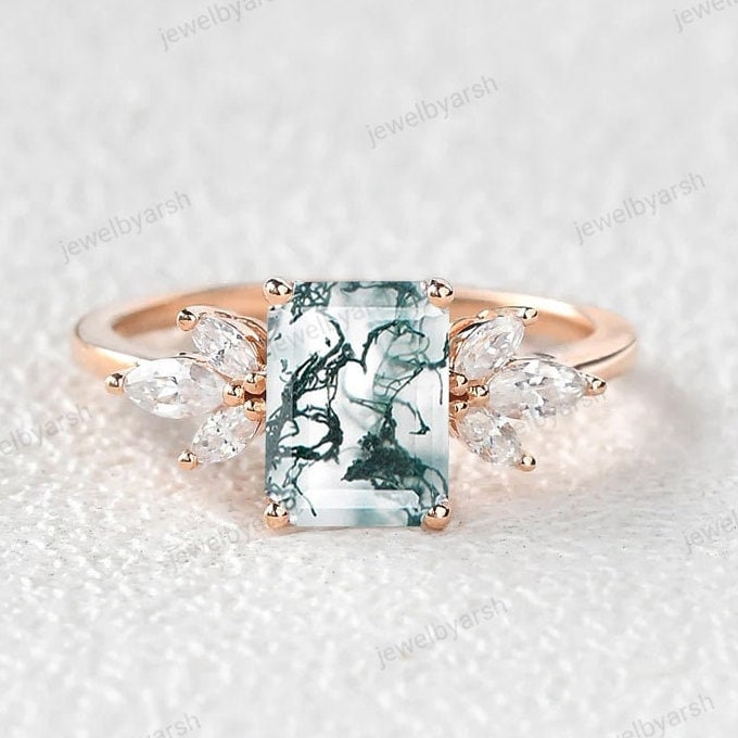 Emerald Cut Moss Agate Engagement Ring, Green Moss Agate Ring, Moissanite Leaf Anniversary Ring, 925 Sterling Silver Gemstone Ring