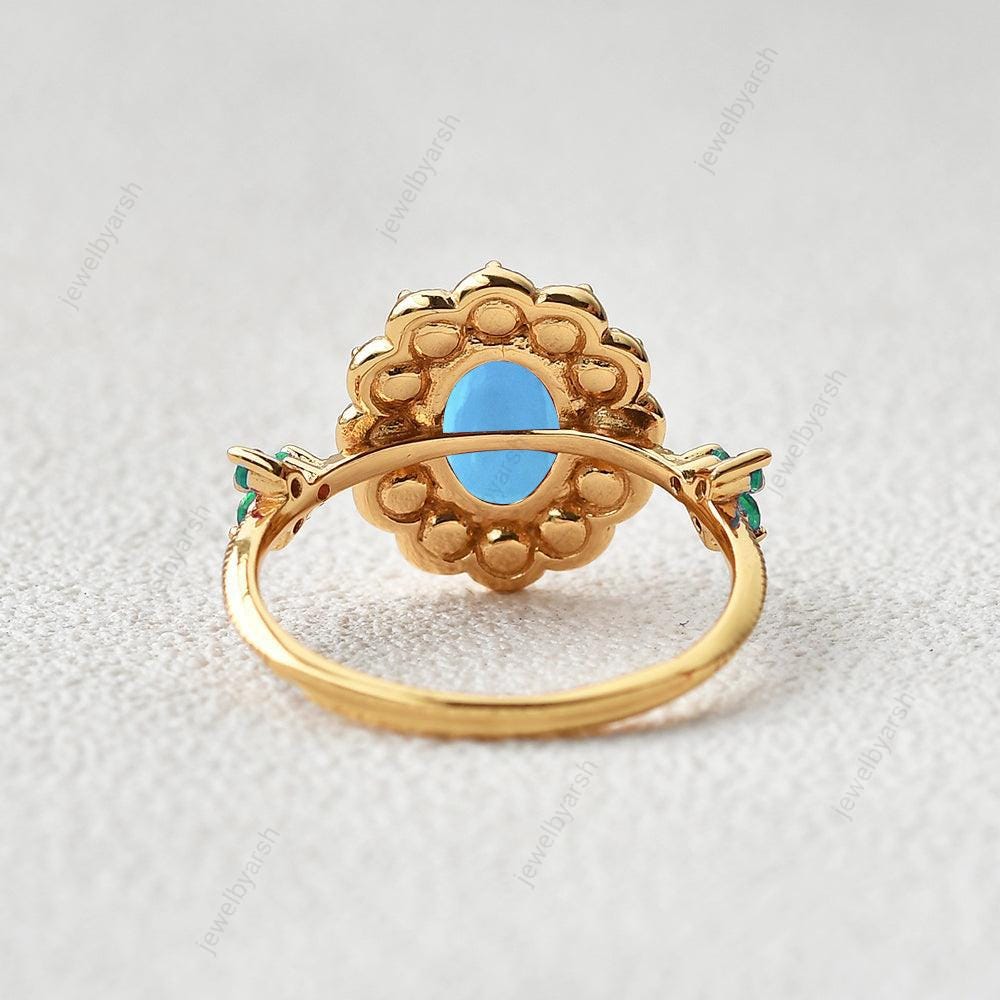 Turquoise Engagement Ring, Pearl Halo Ring, Blue Turquoise & Emerald Ring, December Birthstone Ring, 925 Sterling Silver Jewelry