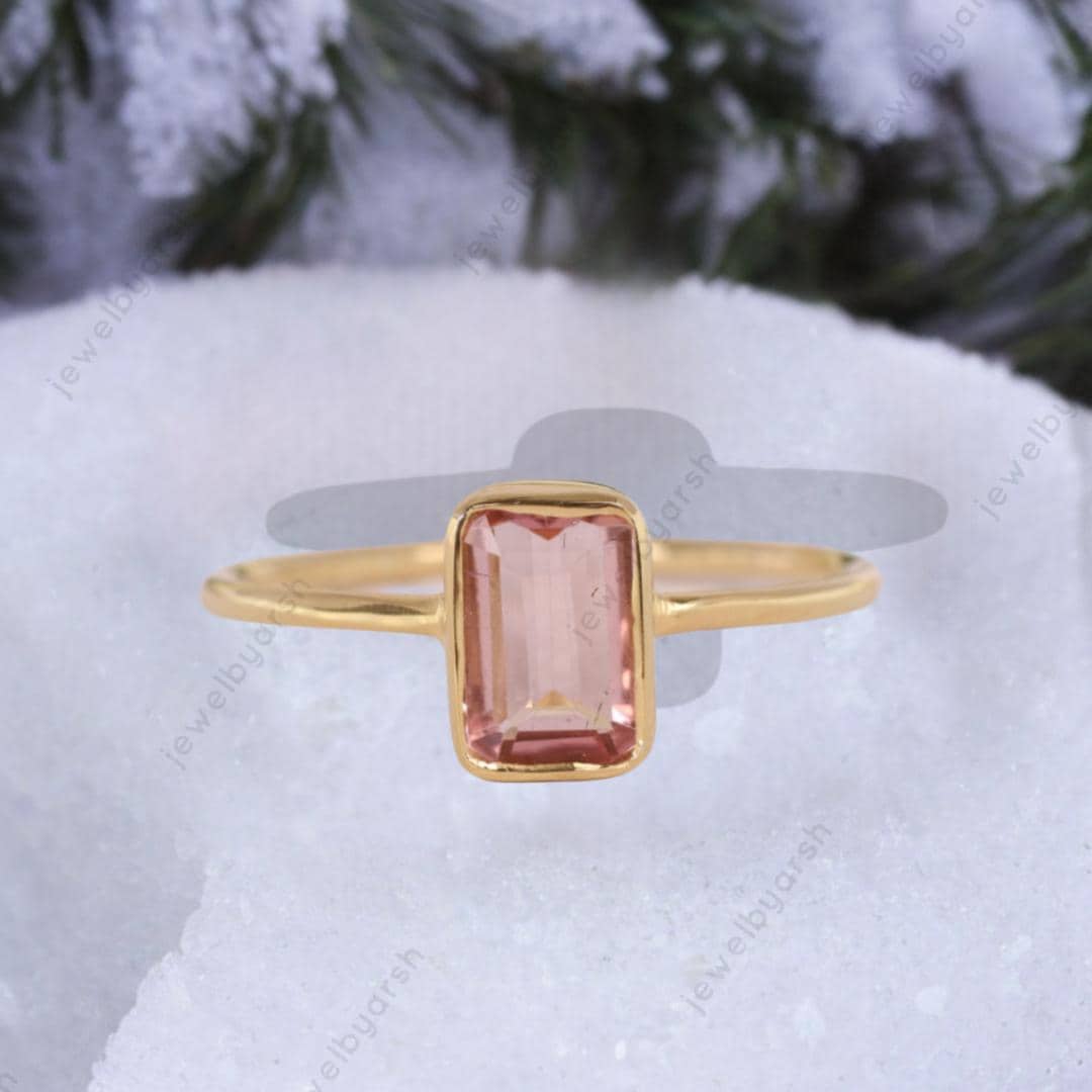 Radiant Cut Morganite Ring, Peach Pink Gemstone Ring, Rose Gold Bridal Ring, Solitaire Engagement Ring