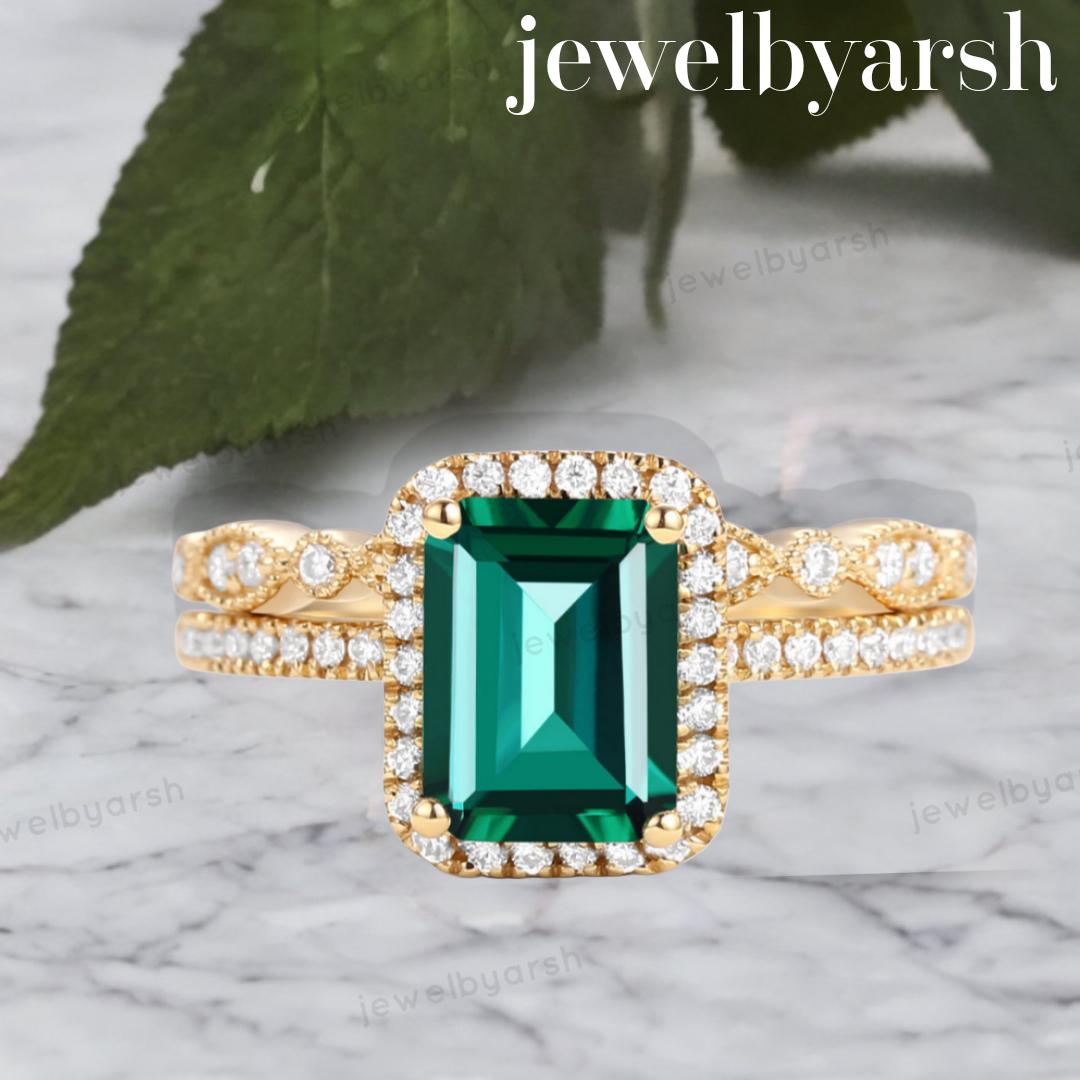 Emerald Halo Bridal Ring Set, Green Emerald Engagement Ring Set, May Birthstone, CZ Diamond Halo, 925 Sterling Silver