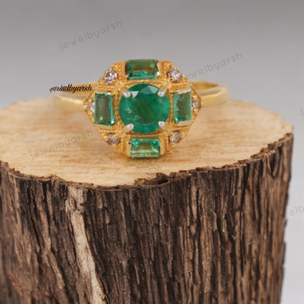 Emerald Engagement Ring, Green Emerald Three Stone Ring, 14K Yellow Gold Micron Plated 925 Sterling Silver, May Birthstone