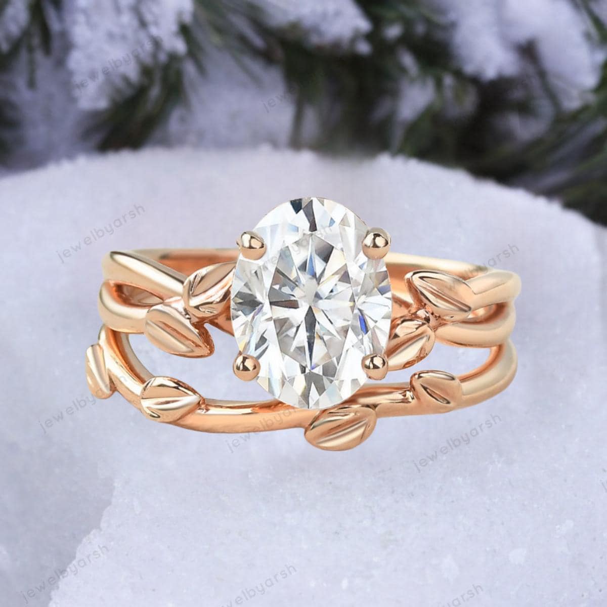 Moissanite Oval Cut Ring Set â€¢ Gold Diamond CZ Accent, Nature Theme