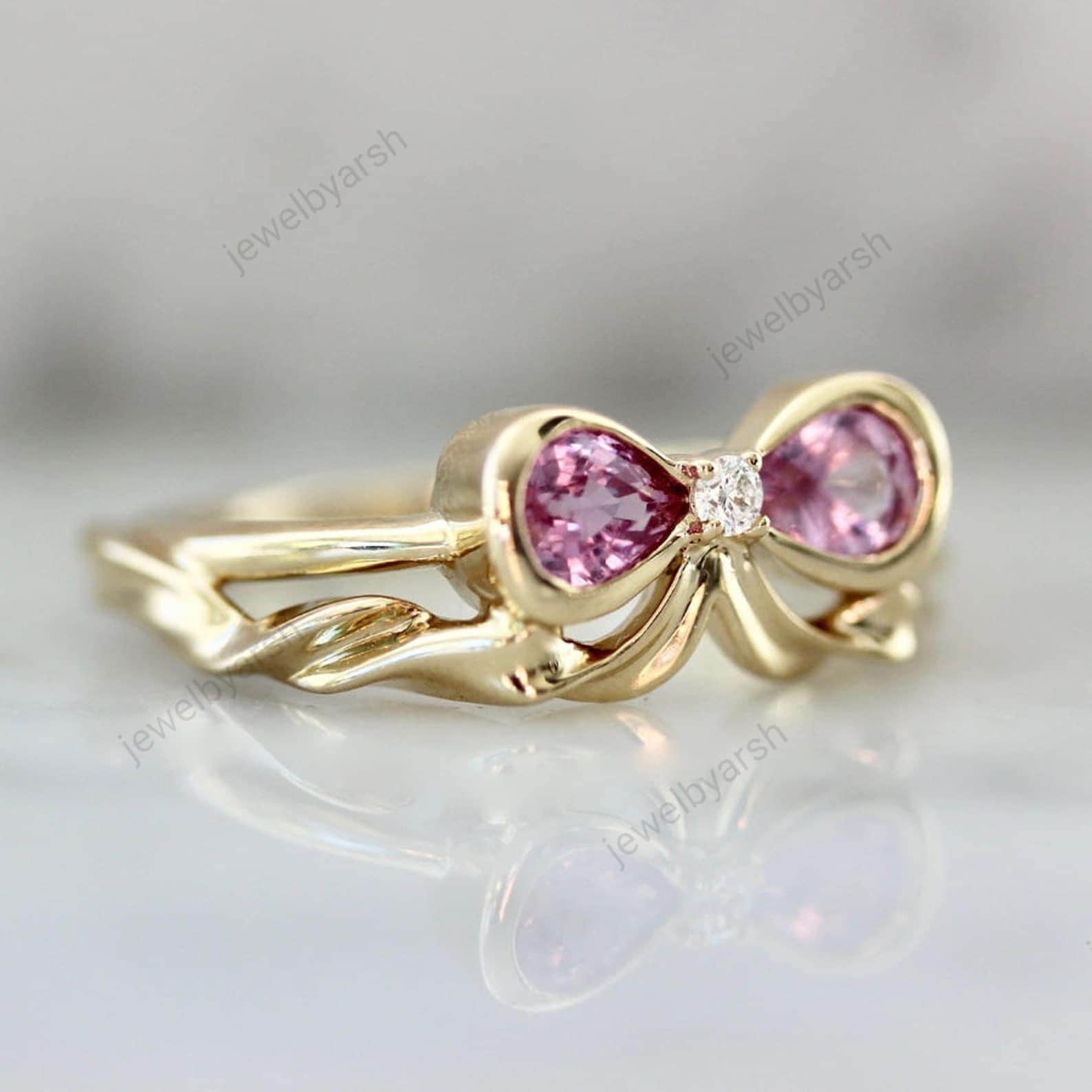 Pink Sapphire Bow Ring, Handmade Sterling Silver Ring, 14K Gold Pink Sapphire Ring, CZ Diamond Accent Band, September Birthstone Gift