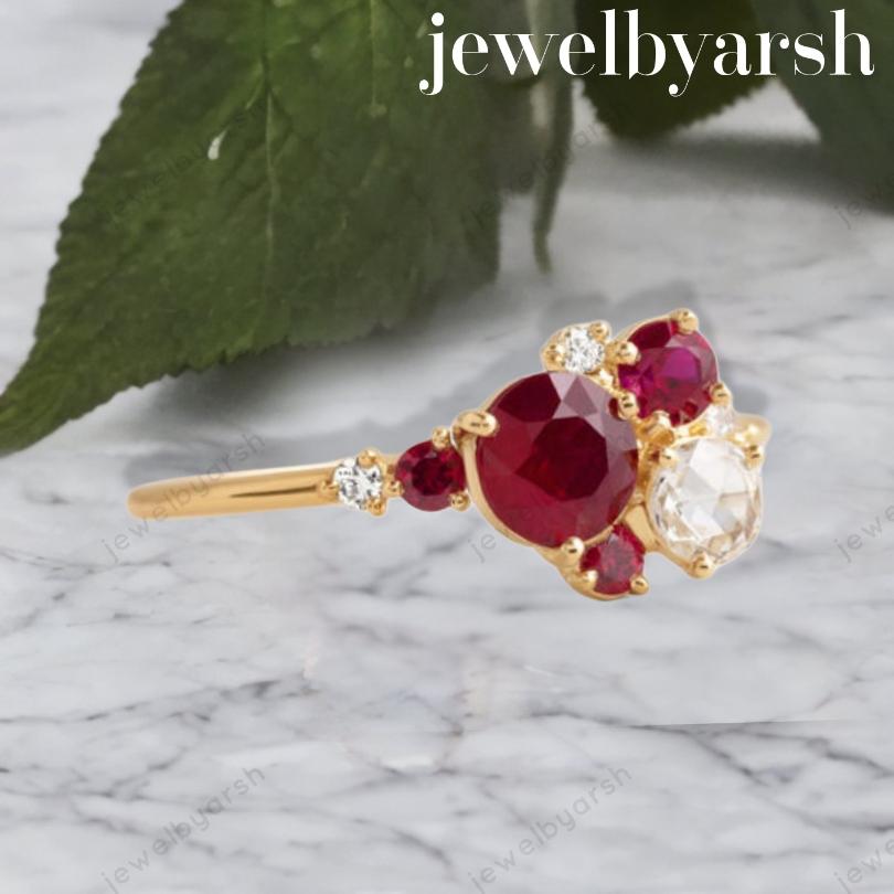 Multi Stone Cluster Ruby Ring, Wedding Anniversary Stone Ring, Colorful Gemstone Diamond Ring | Statement Ring For Women | Gift Jewelry