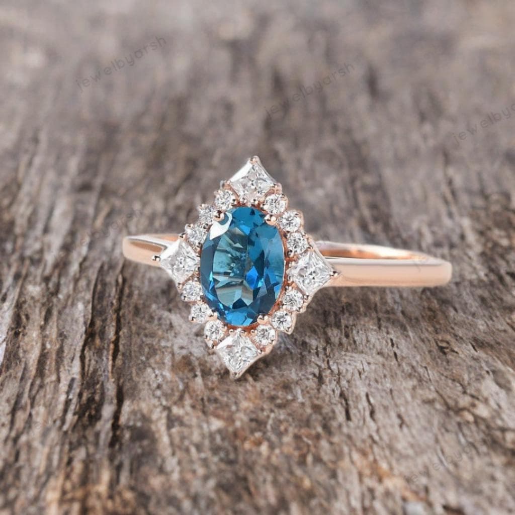 London Blue Topaz Engagement Ring, Oval Cut Lab Created Blue Topaz Ring, CZ Diamond Halo Ring, 925 Sterling Silver Promise Ring