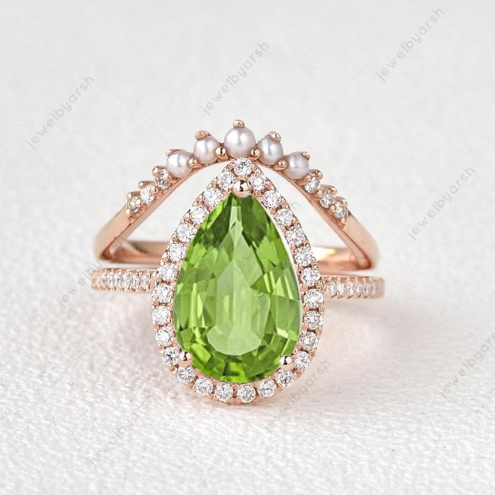 Pear Shape Green Peridot Gemstone Ring, August Birthstone Promise Ring, Yellow Gold Wedding Jewelry, Antique Solitaire Ring, Gift For Love