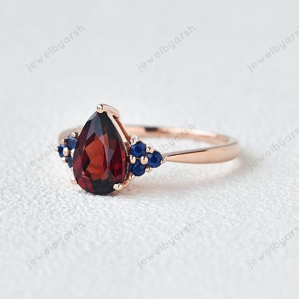 1.5ct Pear Shape Red Garnet Wedding Ring, Blue Sapphire Ring,  Rose Gold Bridal Ring , January  Birth Stone Ring  , Garnet Ring Gift For Her