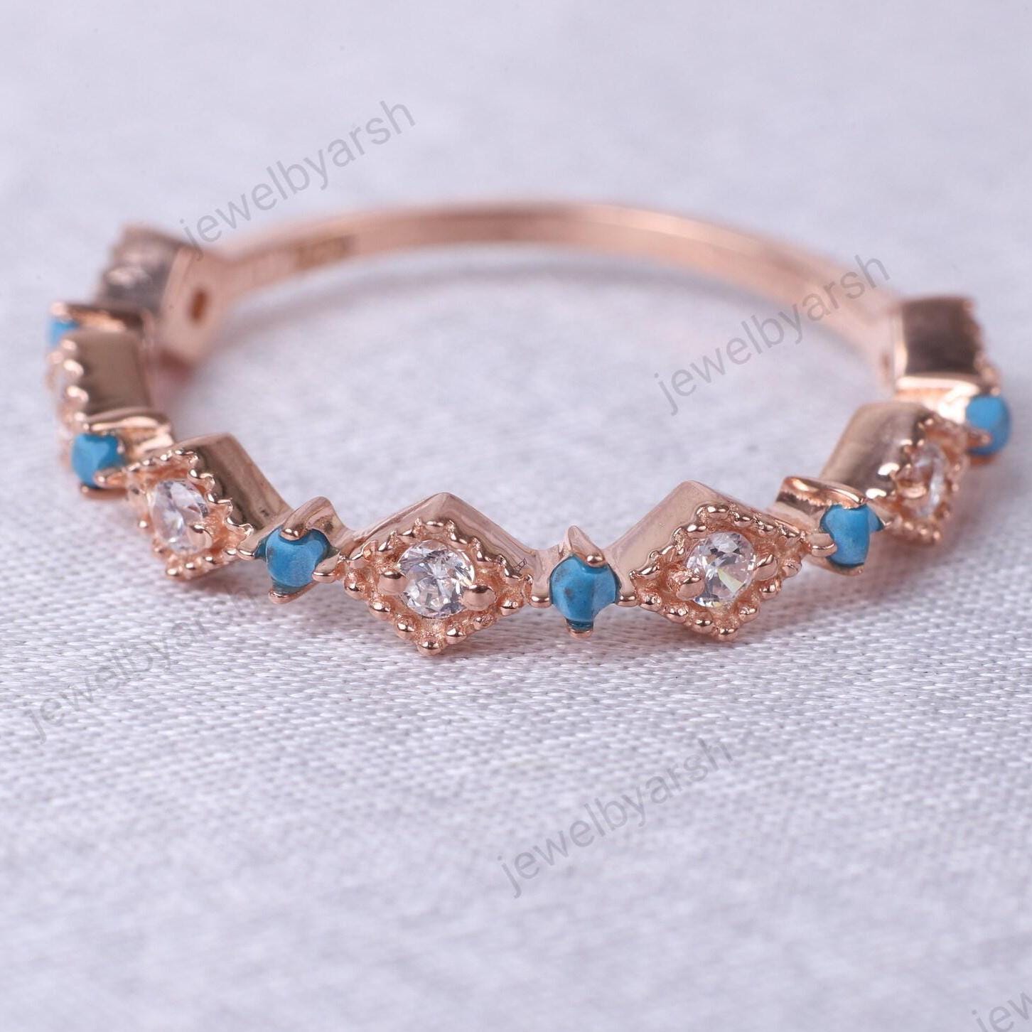 Turquoise & CZ Diamond Rose Gold Ring: Solid Gold Half Eternity Band