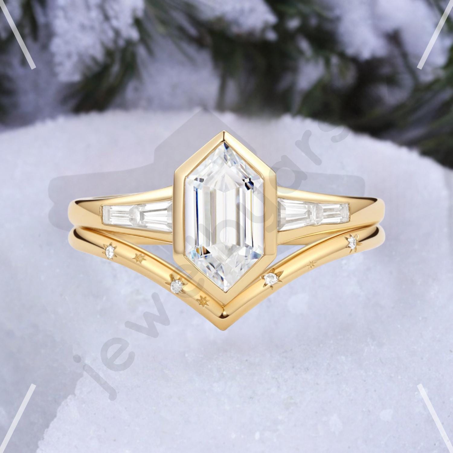 Art Deco Hexagon Moissanite Ring Set, 14K Gold Star Design Band, Bezel Moissanite Wedding Ring Set
