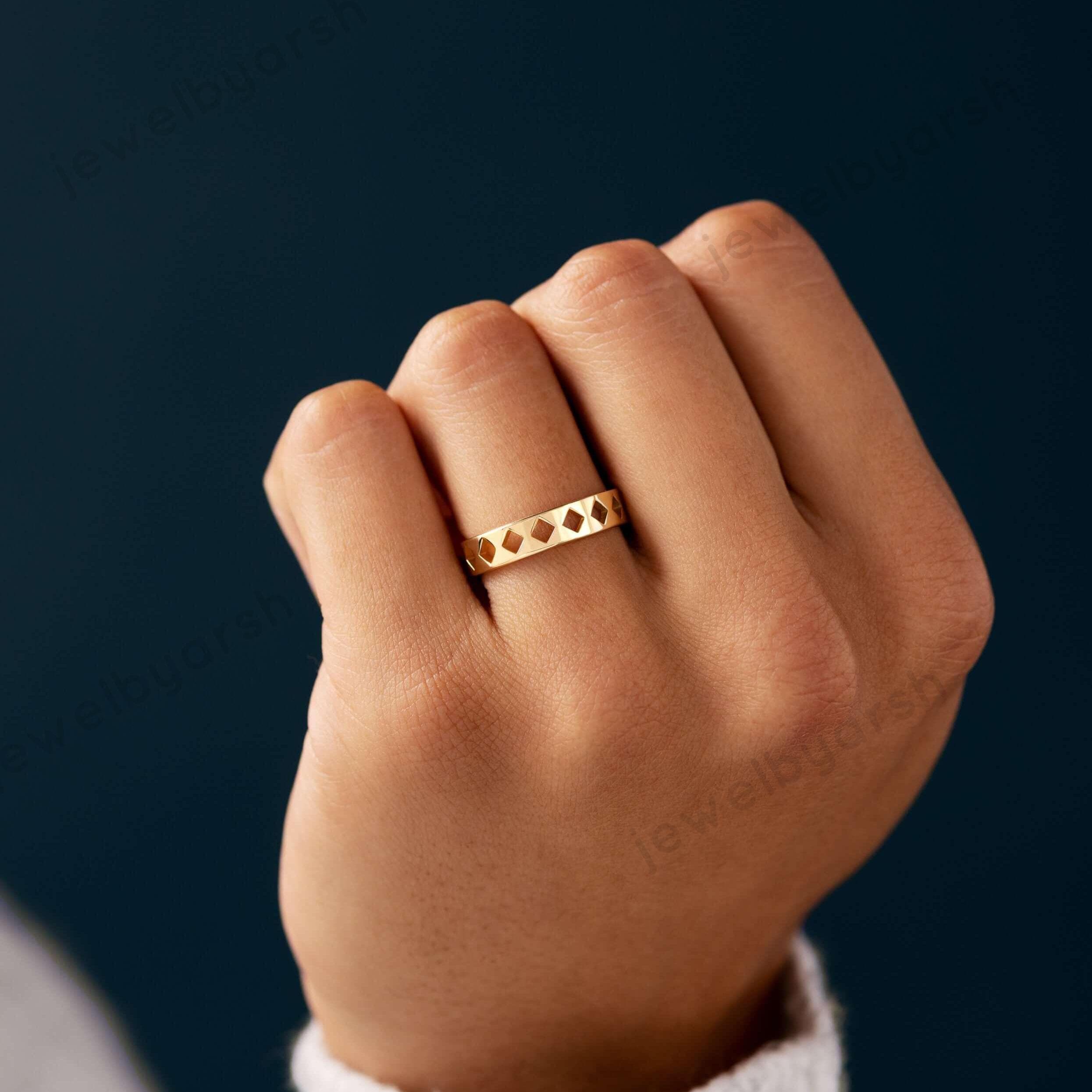Gold Geometric Cutout Ring, Minimalist Hollow Band, 14K Yellow Gold Micron Plated 925 Sterling Silver, Stackable Ring